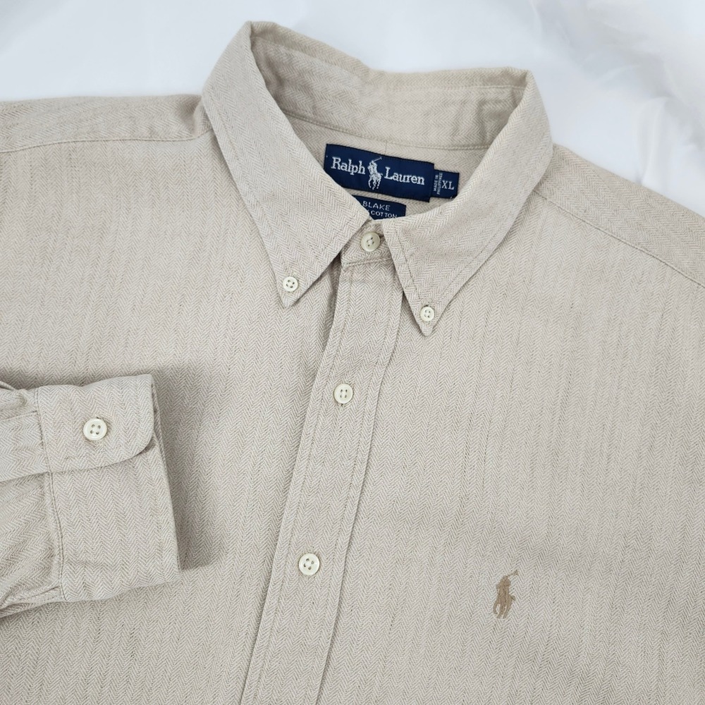 Ralph Lauren Mens Tan Herringbone Blake Button Down Shirt Size XL Preppy Neutral